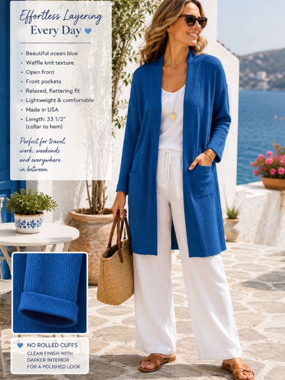 Fenini USA Ocean Blue Waffle Knit Long Cardigan Duster | Open Front Pockets | S